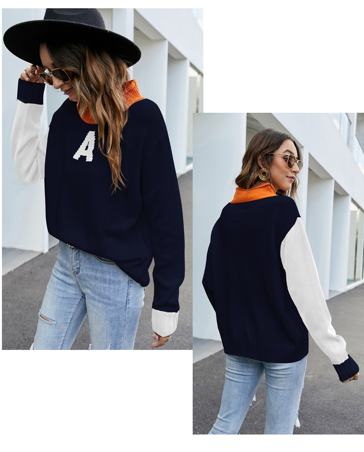 letter contrast stand collar pullover loose sweater nihaostyles clothing wholesale NSYH86778