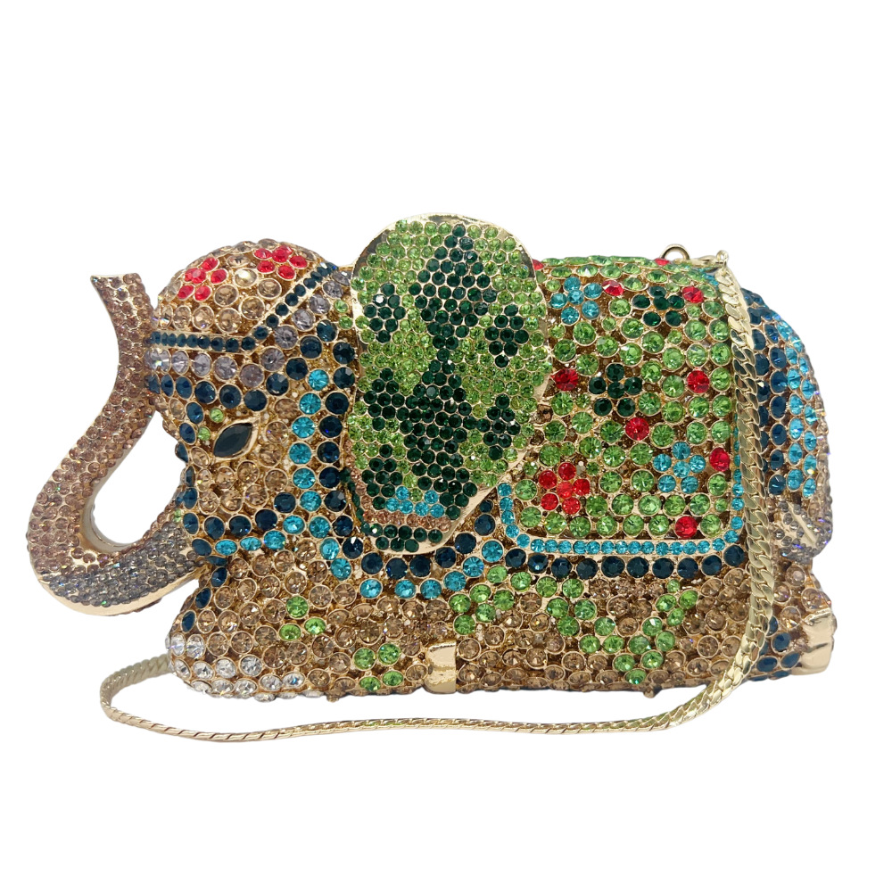 Túi clutch nữ đính đá hình voi đục lỗ phong cách Âu Mỹ — Vàng xanh lục, Đế vàng kim cương chi tiết 7