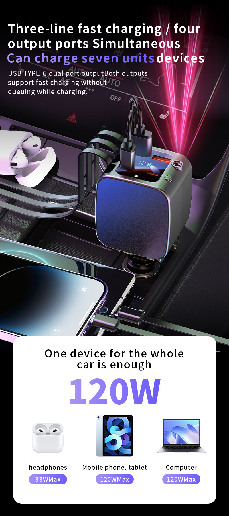 Cross-Border Super Fast Charging Starry Sky Light Car Charger with Retractable Cable Super Fast Car Charger Oem