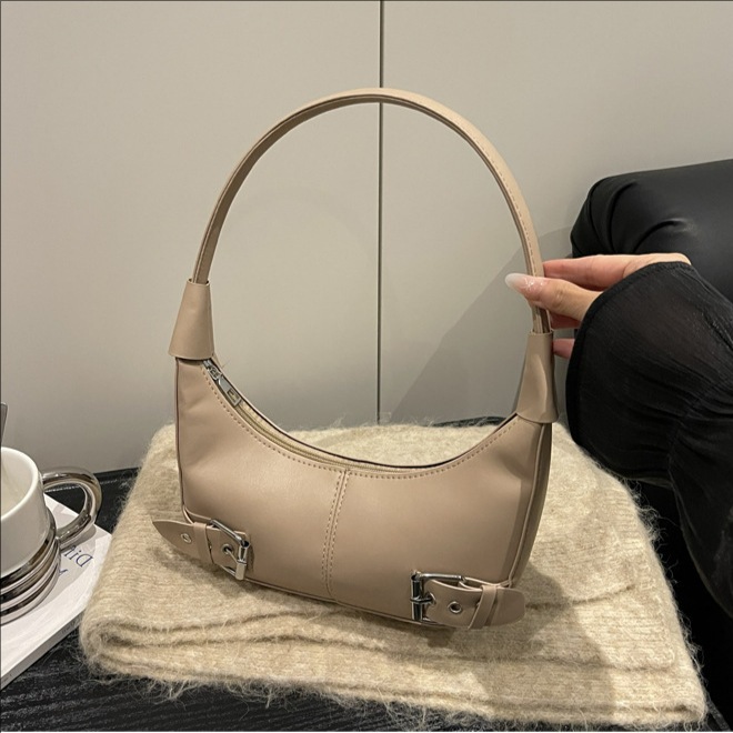 Korean Niche Design Motorcycle Style High-End Handbag Shoulder Crescent Fashion Belt Buckle Hot Girl Horn Bag_voghion.com