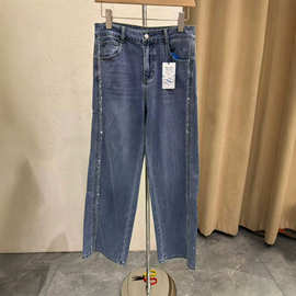 新款女烫钻高腰阔腿牛仔裤Rhinestone High Waist Wide Leg Jeans