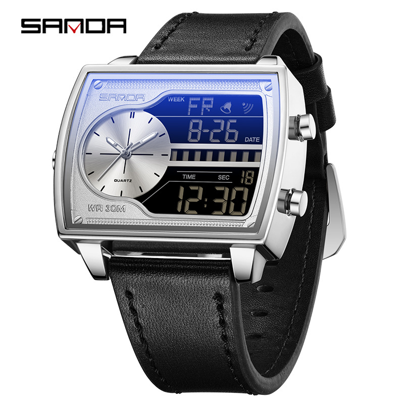SANDA SANDA 6163 nuevo reloj electrónico de moda doble pantalla multifuncional reloj de hombre impermeable calendario de luz nocturna reloj de hombre