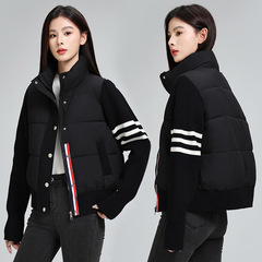 三条杠针织袖棉服短款女2025年冬季韩版宽松棉衣保暖棉袄外套