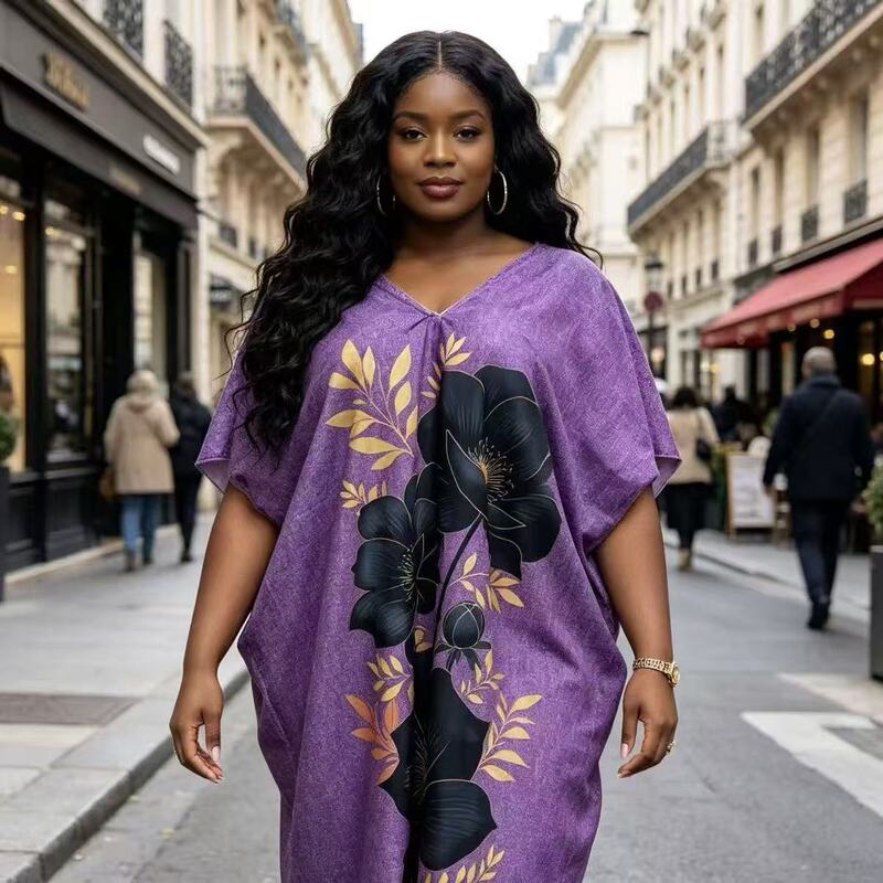 Cross-Border 2026 New African Print Plus-Size Dress Amazon Loose V-Neck Robe Fashion Long Dress in Stock Cross-Border 2026 New African Print Plus-Size Dress Amazon Loose V-Neck Robe Fashion Long Dress in Stock