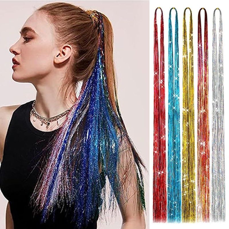 Foreign trade cross-border tinsel hair wigs Xuchang wig seven-color laser gold and silver hair bundle 94cm