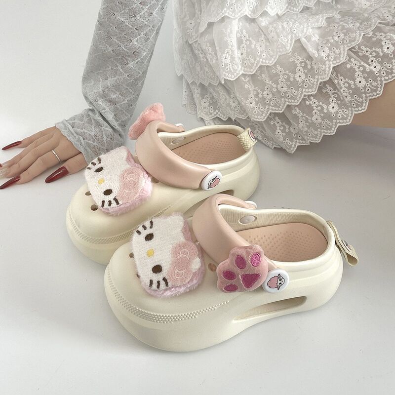 New Thick-Soled Height-Increasing Cute Plush Cat Clogs for Girls, Versatile Summer Outdoor Slip-On Sandals