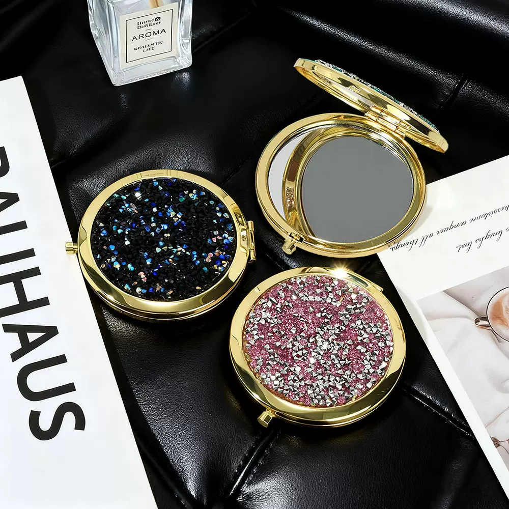 跨境钻石闪粉圆形双面化妆镜便携小镜子随身镜金属折叠镜女生批发