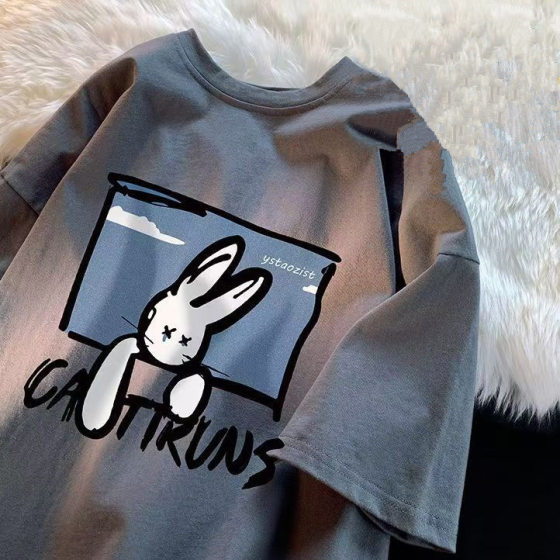 American Style navy blue Melancholy Rabbit Print Short-sleeved T-shirt Men's 2025 Summer New Fashion Brand Niche Ins All-match