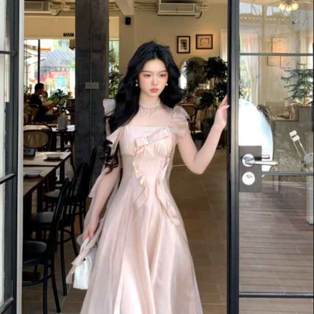 Satin Folded Wings French Square Collar Sweet Bow Ribbon Elegant Slim Dress Summer Vacation Fairy