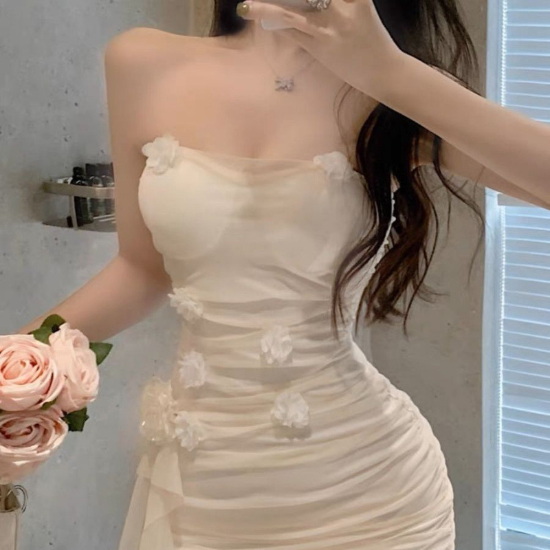 Design Sense Seaside Vacation Mesh Small Tassel Elegant Flower Skirt Pure Pleated Waist Dress