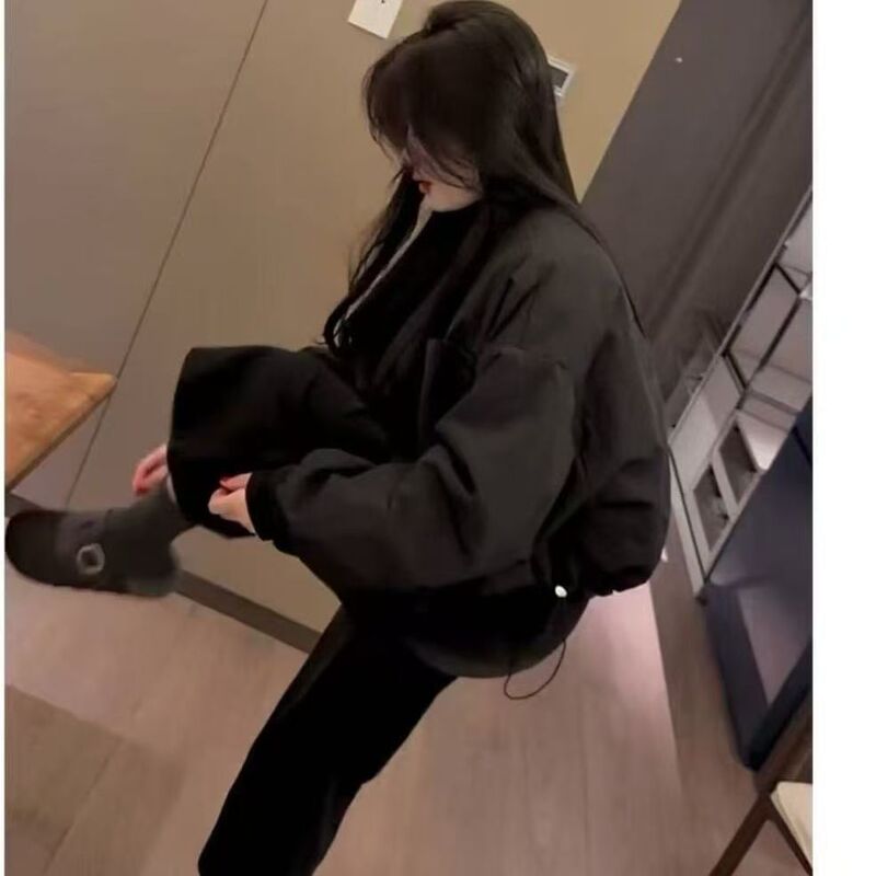 Autumn and Winter New Trendy Thin Cotton Jacket Short Coat for Women European Style Shell Round Neck Snap Loose Cotton Clothing