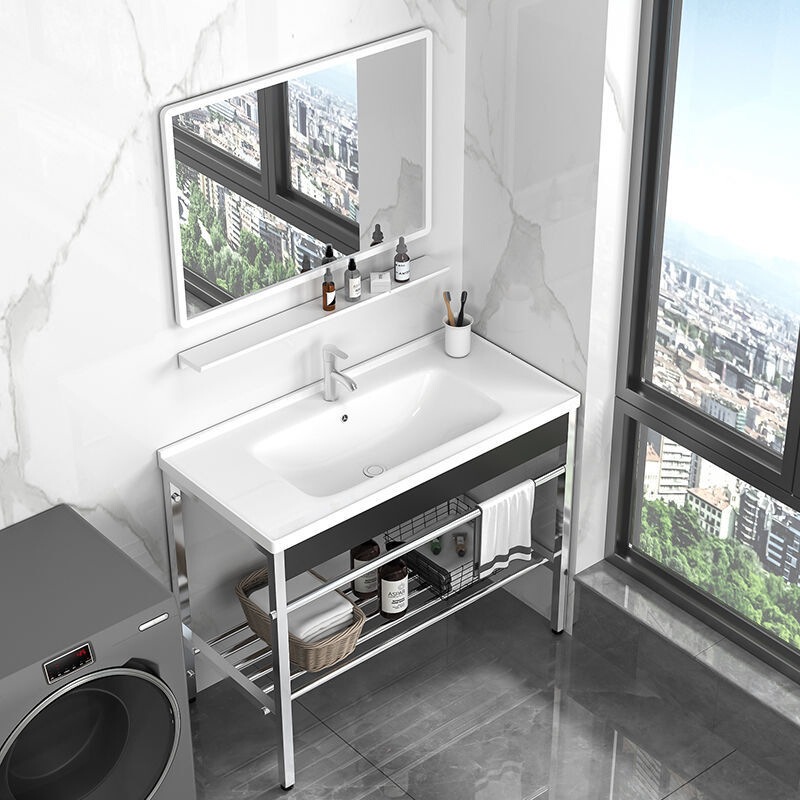Floor-standing bathroom cabinet, ceramic washbasin, balcony outdoor sink, stainless steel stand, bathroom washstand