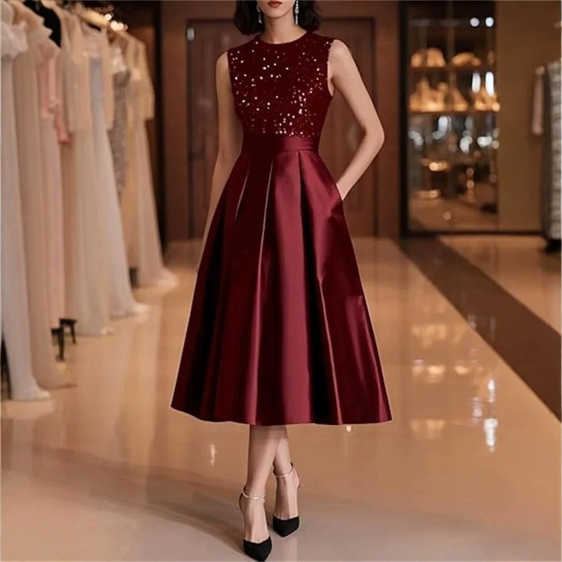 Foreign Trade Burgundy Evening Dress Satin Toast Dress Bride Wedding Engagement Homecoming Dress Sleeveless Mid-Length Slimming Style Foreign Trade Burgundy Evening Dress Satin Toast Dress Bride Wedding Engagement Homecoming Dress Sleeveless Mid-Length Slimming Style