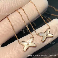 18K ローズゴールド シャンメイ クロス ネックレス ダイヤモンド付き ホワイト マザーオブパール ライフタイム X 字型フルダイヤモンド 鎖骨チェーン ペンダント 女性用