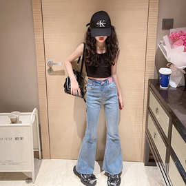 跨境批发童装2025新款女童牛仔裤秋款中大童洋气喇叭裤女孩裤子潮