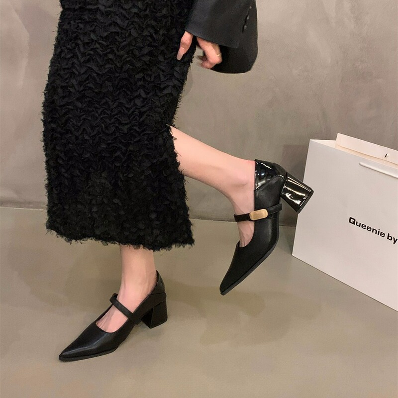 Thick Heel High Heels French Pointed Toe Black Flats Women's Shoes 2025 Spring and Summer Commuter Shoes Mary Jane Small Leather Shoes Thick Heel High Heels French Pointed Toe Black Flats Women's Shoes 2025 Spring and Summer Commuter Shoes Mary Jane Small Leather Shoes