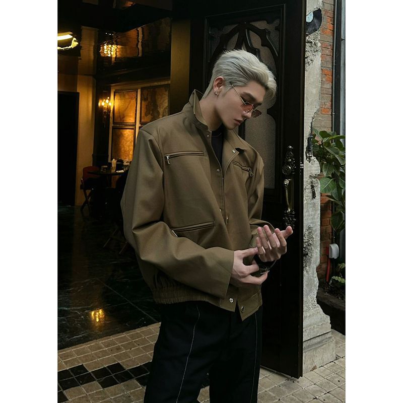 Khaki short shoulder pad jacket cleanfit hair stylist fashion brand men's high Sense executive pilot jacket
