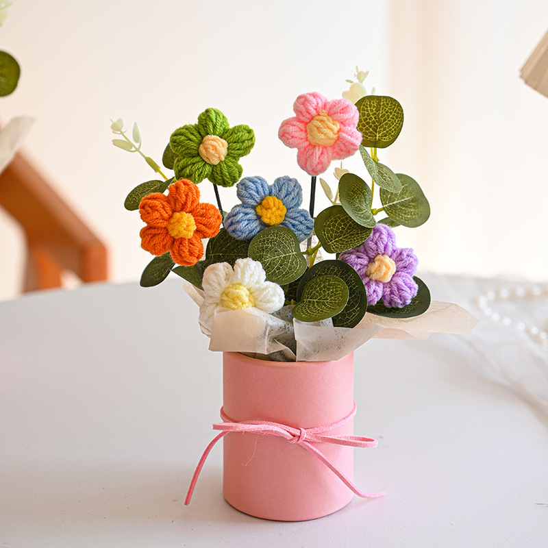 跨境仿真花泡芙抱抱桶小花束手工针织花毛线花礼品伴手礼针织花束