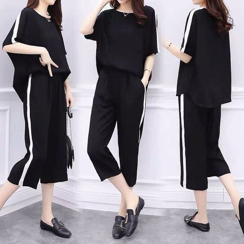 Summer Korean-style two-piece set for large size women, loose and comfortable wide-leg pants set for plus-size women