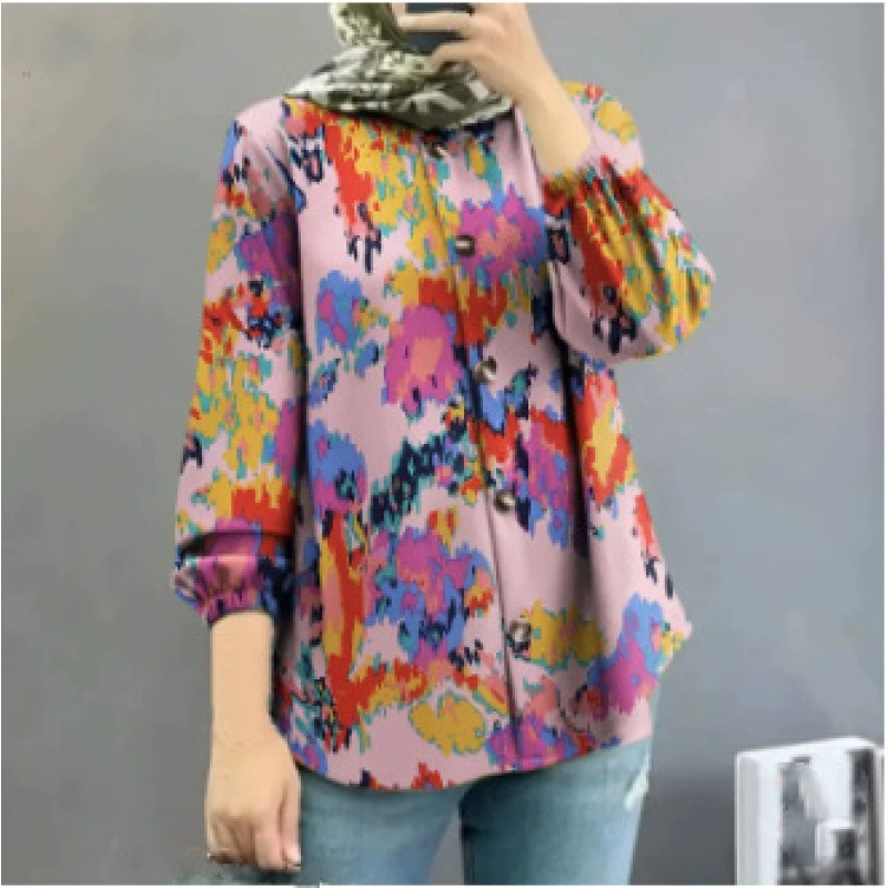 Новая женская свободная модная рубашка больших размеров с пышными рукавами и пуговицами с длинными рукавами и принтом