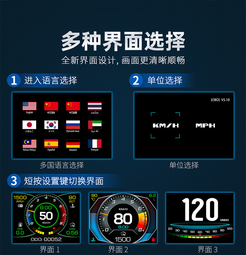 Car-Mounted Hud Head-Up Display Obd High-Definition Lcd Instrument Water Temperature Fuel Consumption Turbo Pressure Gauge Exclusively for Cross-Border Supply