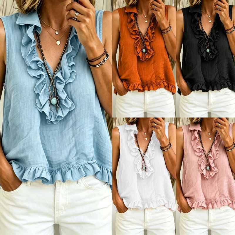 Women's V Neck Ruffle Sleeveless Vest Top Summer Fashion American Style Vacation Shirt_ecoleips.com