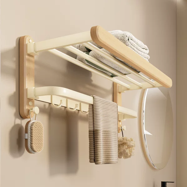 Solid Wood Cream-Style Towel Rack, High-End Bathroom Towel Storage Rack, Bathroom Toilet, No Drilling Required