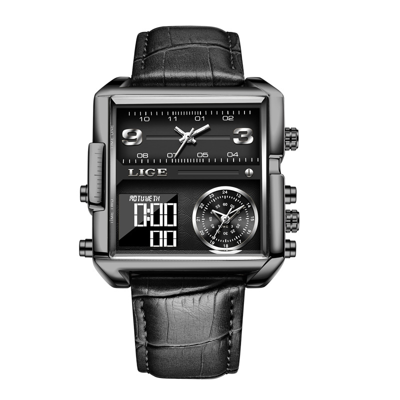 Lige 8925 nuevo cinturón cuadrado doble pantalla personalidad creativa electrónica cuarzo reloj de los hombres frescos