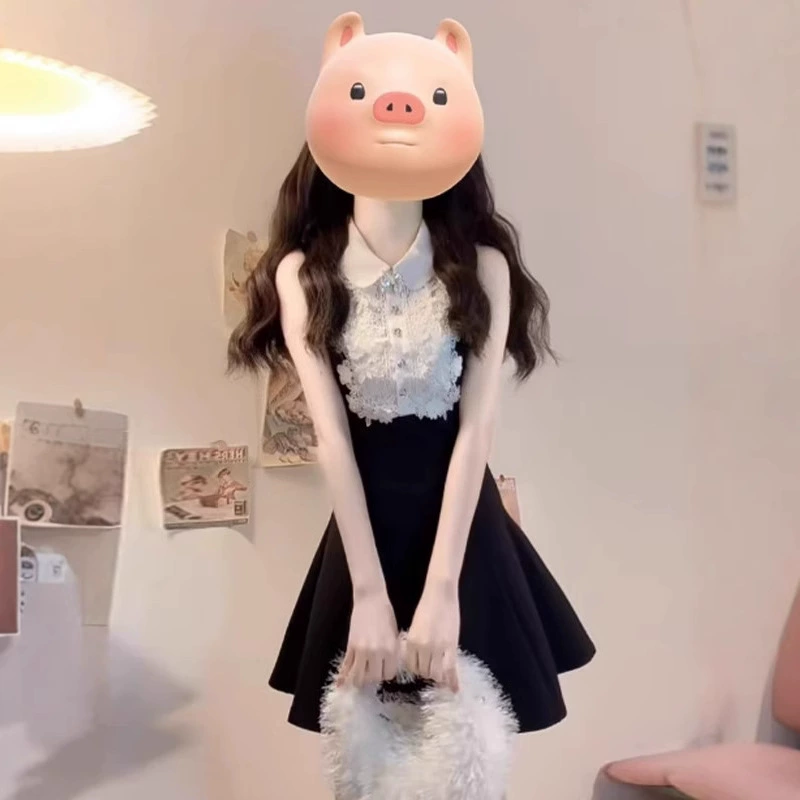 Богатое золото высокого уровня черное платье без рукавов в жилете летнее кружевное дизайнерское чувство талии