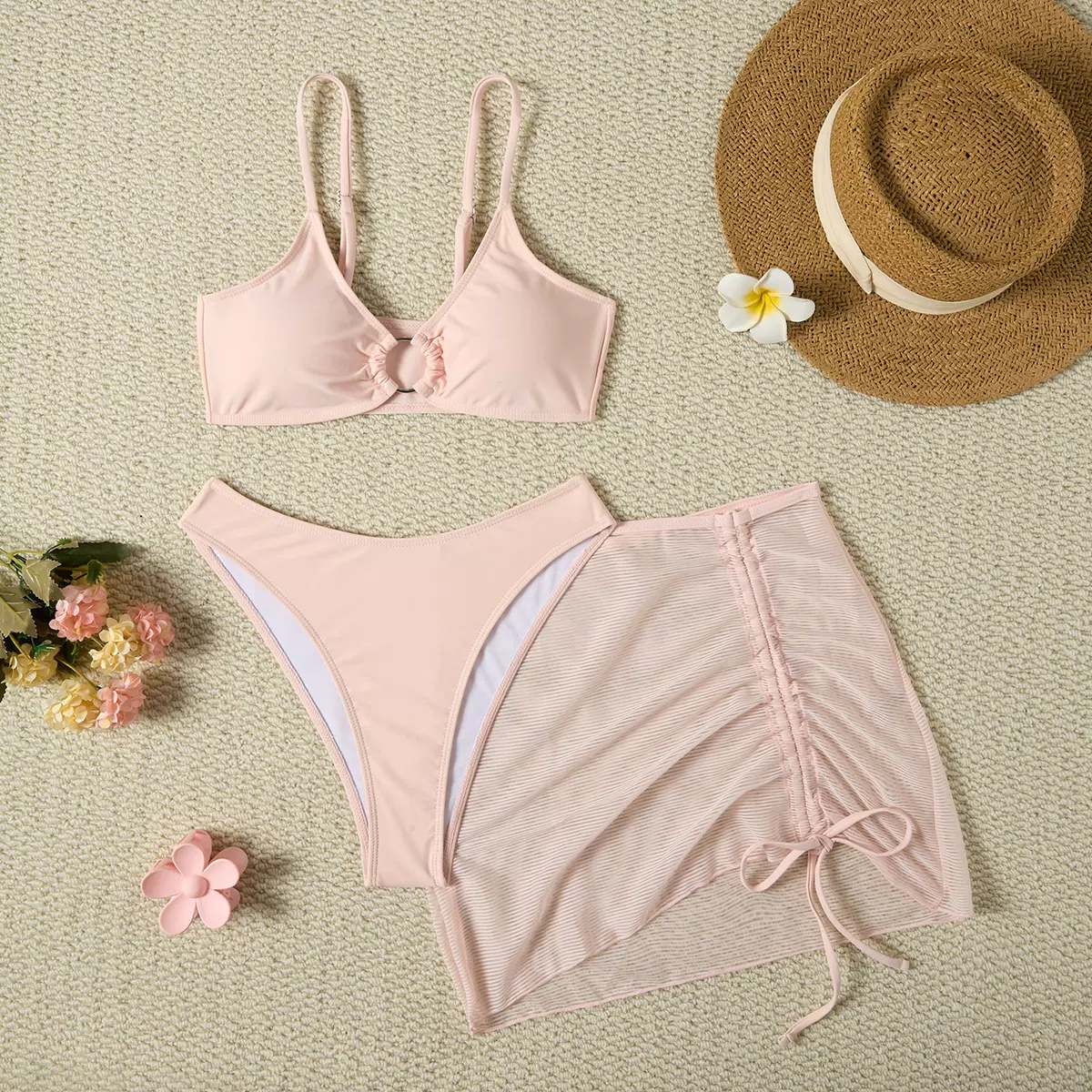 跨境分体泳衣女欧美性感比基尼三件套纯色性感紧身纯欲风比基尼