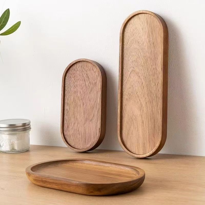 Japanese Solid Wood Tray Oval Tea Tray Household Acacia Wood Rectangular Dessert Snack Tray Storage Tray