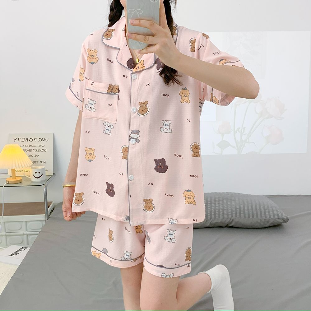 Pantalones cortos de manga corta al por mayor transfronterizos, rebeca, pijamas de solapa, ropa de hogar con estampado de arrugas de burbujas de verano para mujer