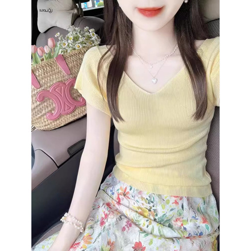 V-neck, small flying sleeves, ice silk short sleeves, women's summer thin style, temperament, figure-fitting, all-matching, slimming, straight shoulder knitted T-shirt top