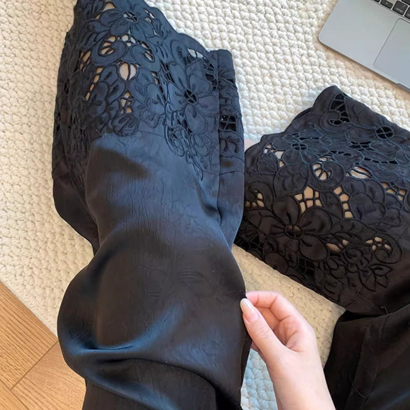New Chinese Style Black Hollow-Out Hem Acetate Wide-Leg Pants for Women 2025 Summer New Casual Slimming Drape Straight Pants