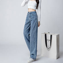 复古简约牛仔长裤女港风2025春秋上新百搭阔腿直筒显瘦高腰长裤潮