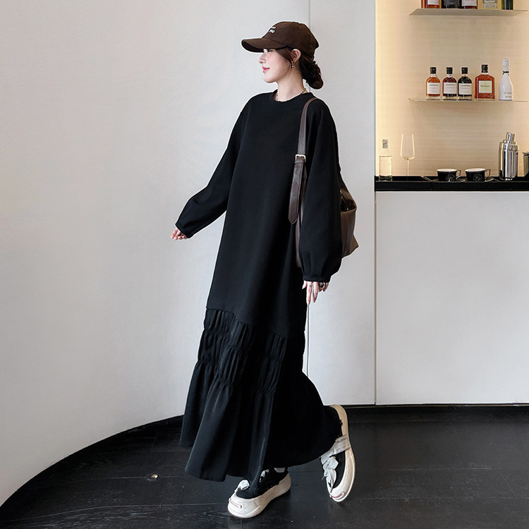 Autumn and Winter Style Loose Inner Wearing Outer Wearing Lined Stitching Pleated Skirt Long Sleeve Thickened dress