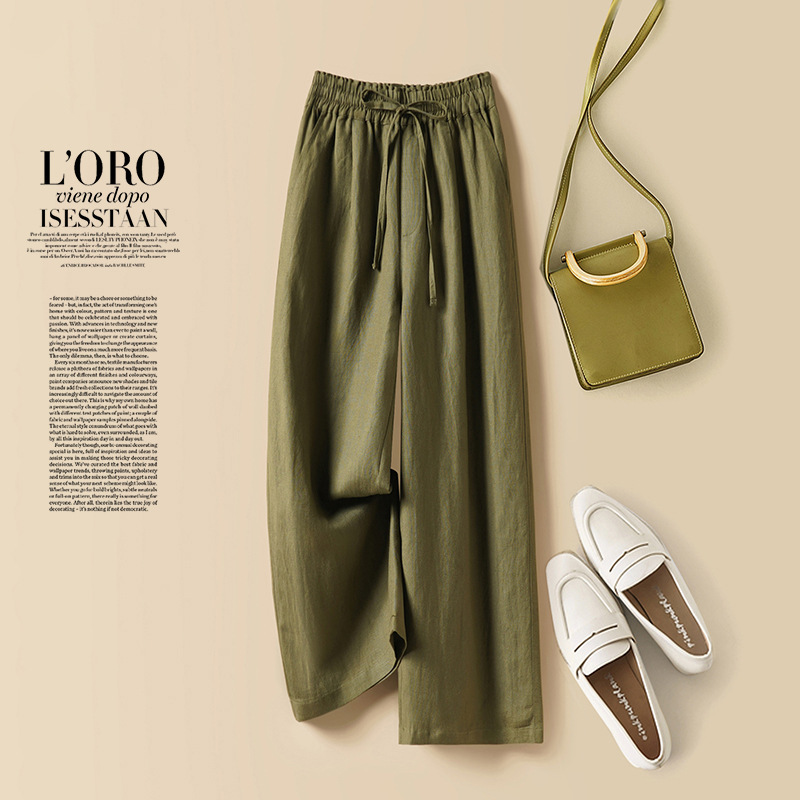 Army Green Cropped Linen Wide-Leg Pants for Women, Petite Size, Thin Style, New Summer Casual Drapey Old Money Style Pants
