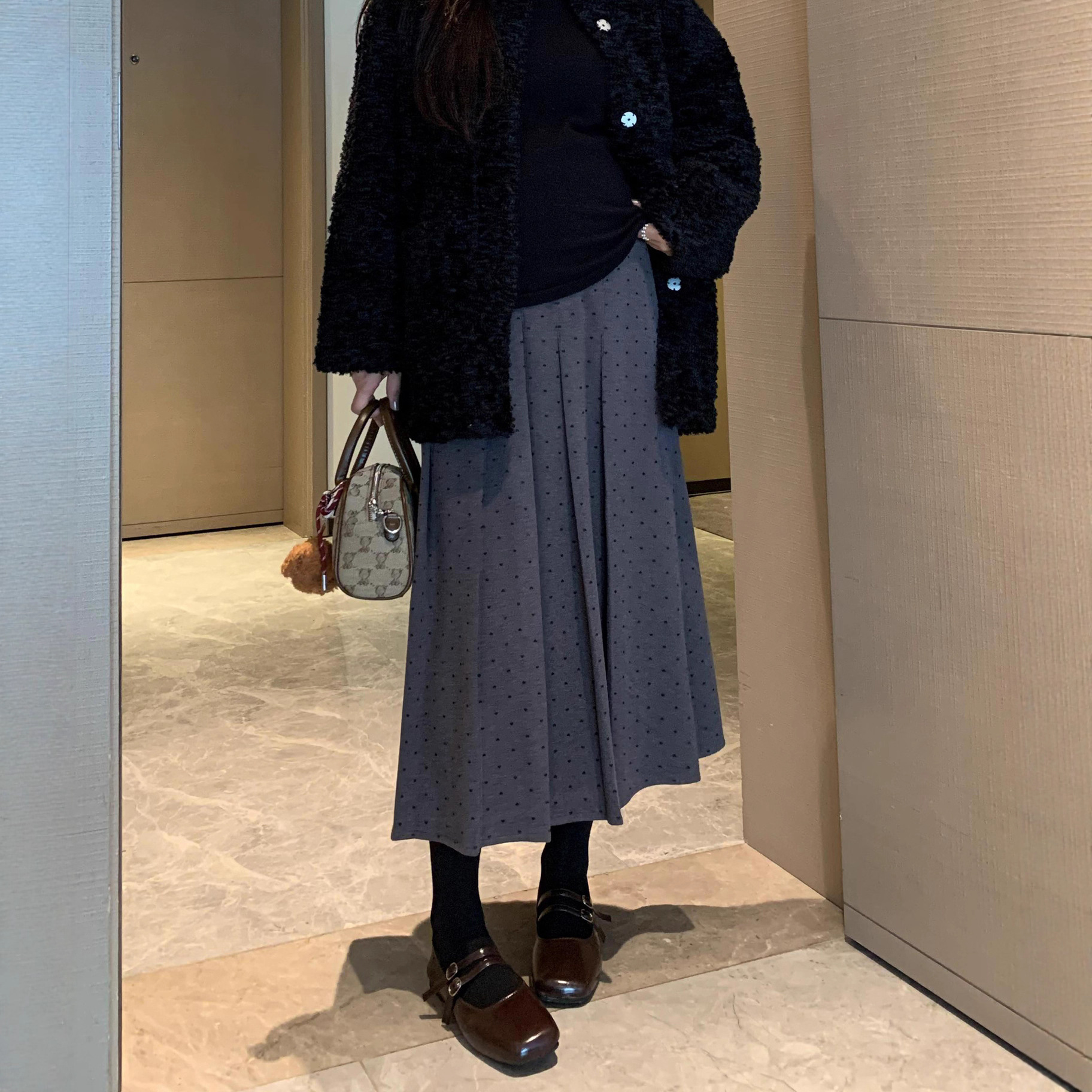 Maternity Gray Polka Dot Woolen Pleated Skirt High Waist Belly Support Slimming Look Pear-Shaped Figure Mid-Length A-Line Skirt
