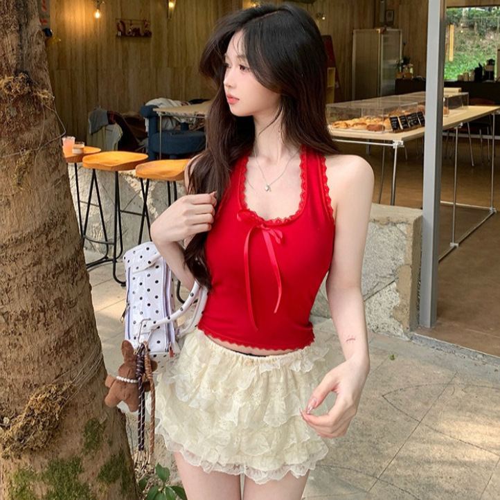 Ins Sexy Pure Desire Hanging Neck Lace Bow Camisole Vest Women's Summer Belt Chest Pad Beautiful Back Shoulder-free Spice Girls Women's T-wave