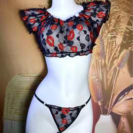 情趣内衣女蕾丝热辣红唇绣花半包透视上衣丁字裤套装批发代发6013