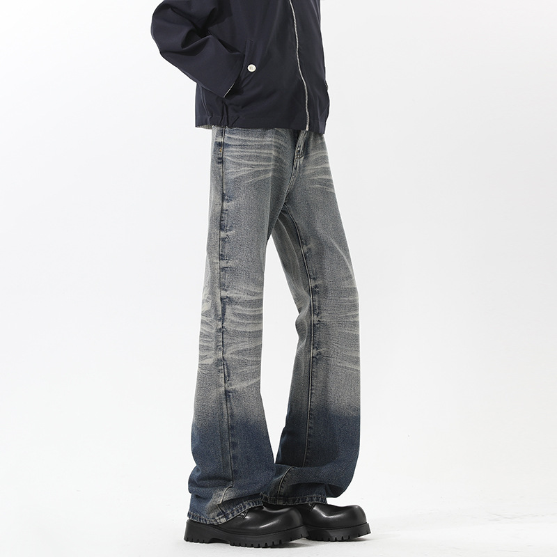 American High Street Vibe Retro Washed Distressed Jeans Men's Trendy Straight Leg Slightly Flared Slim Fit Cleanfit Long_voghion.com