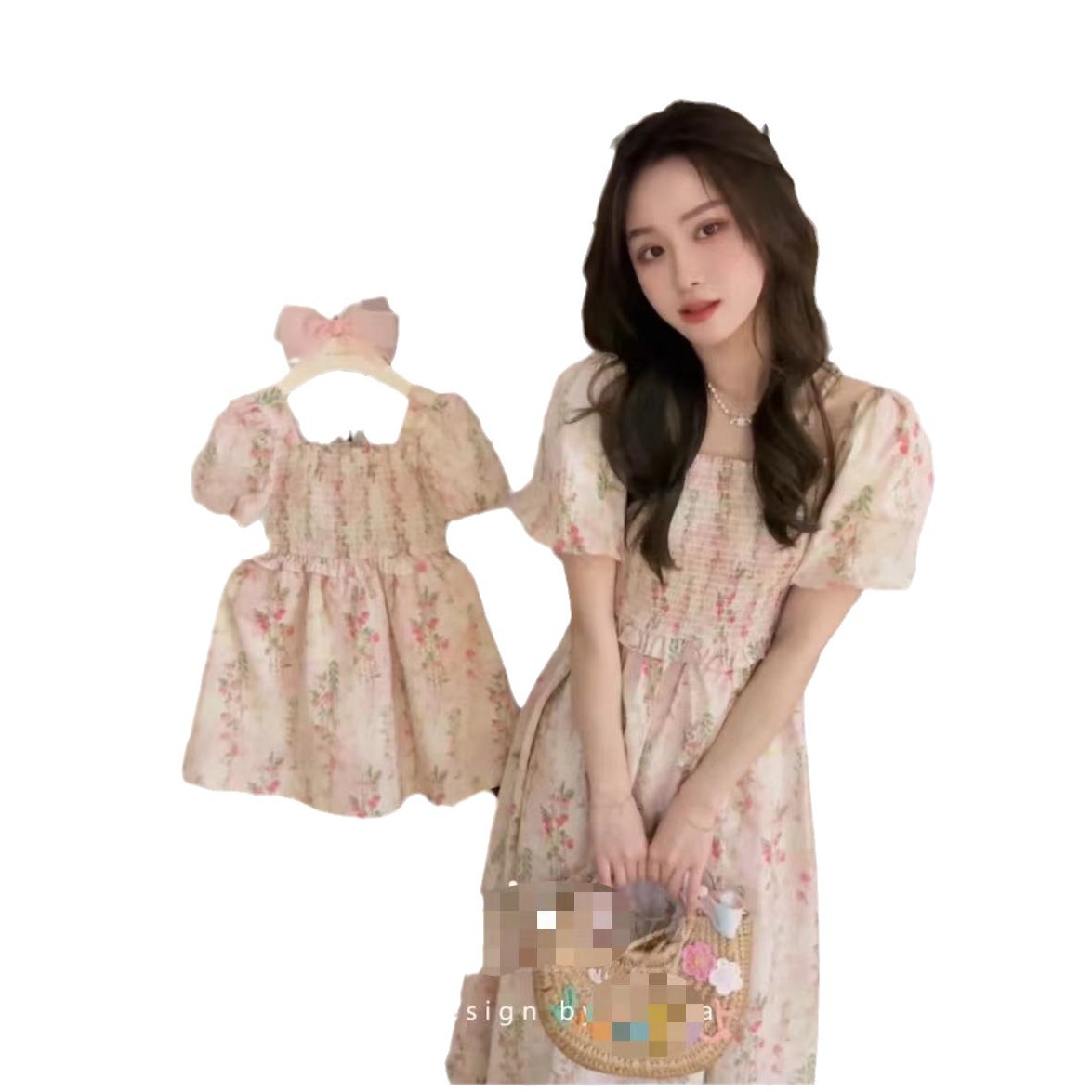 Ropa de verano para padres y niños de Corea del Sur, vestido dulce y lindo, ropa infantil, ropa de madre y niña, falda de manga de burbuja