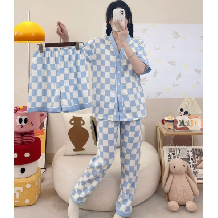 Pijamas de algodón de nube de amor dulce a cuadros de dopamina para mujer verano nuevo estilo pantalones de manga corta ropa a domicilio traje de tres piezas