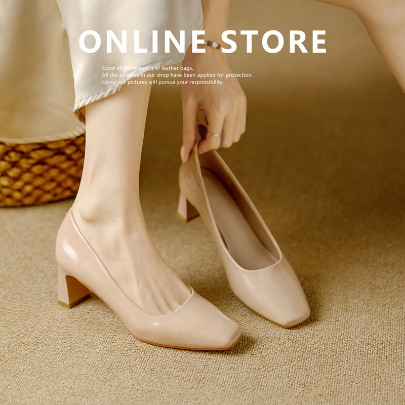 833 Square Toe Chunky Heel Patent Leather Nude High Heels Women's 2025 Spring and Autumn New Style Everyday Versatile Mid-Heel Fashion Shoes