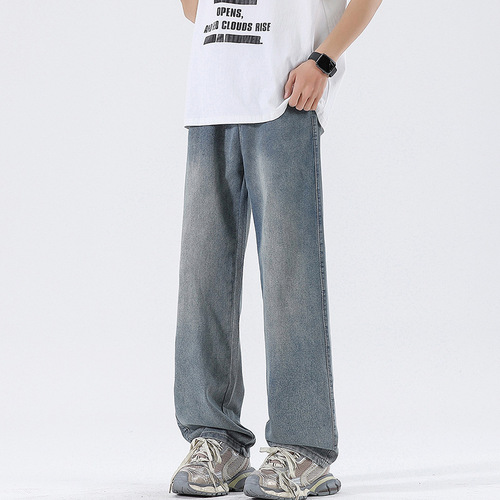 Men's Jeans 2025 Spring Thin Loose Straight Wide Leg Floor-Length Retro Korean Style Casual Pants