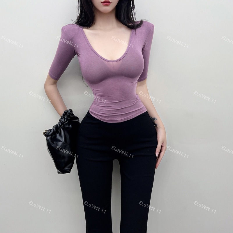 版型很顶~热辣紧身薄款微透露锁骨打底上衣显瘦纯色正肩短袖T恤女|undefined