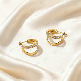 2025几何形时尚复古镶嵌简约耳饰带钻耳环不锈钢双环满钻耳钉