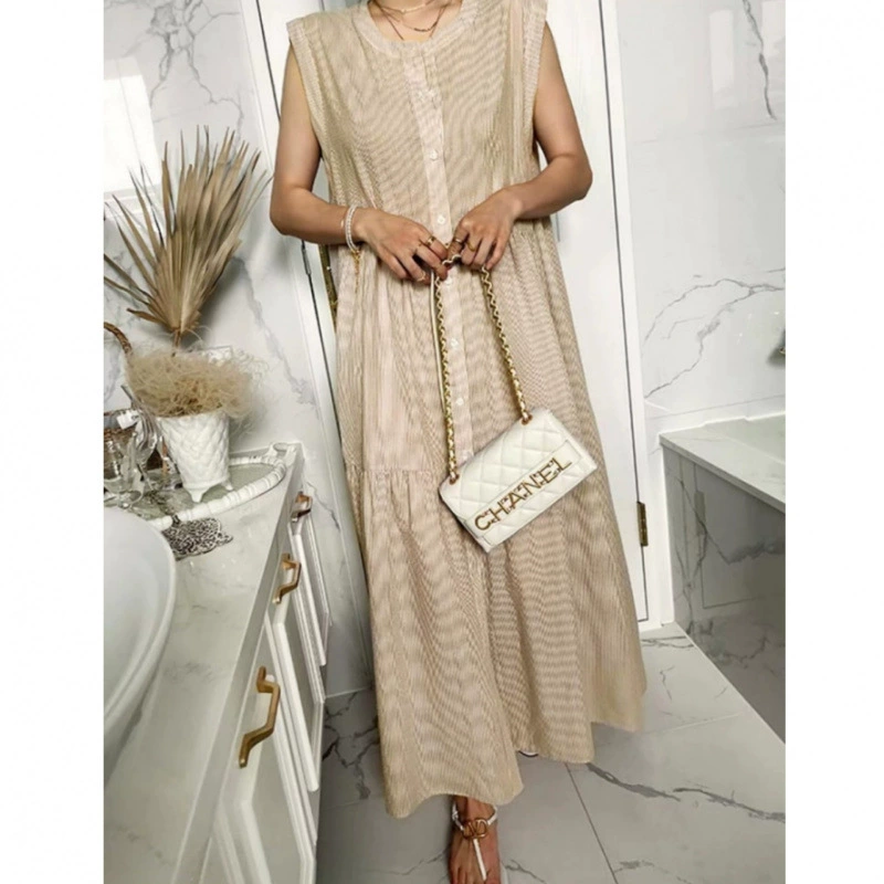 Внешняя торговля Amazon Корейское летнее новое однотонное однобортное платье-рубашка без рукавов с круглым вырезом и карманами с обеих сторон