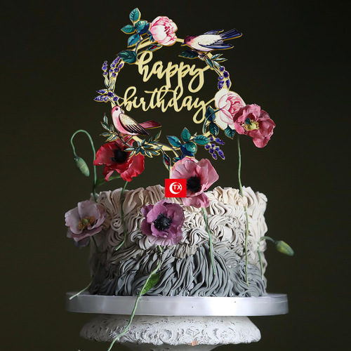 TX新款版权跨境花鸟型亚克力蛋糕插件 厂家直销 生日派对蛋糕插牌