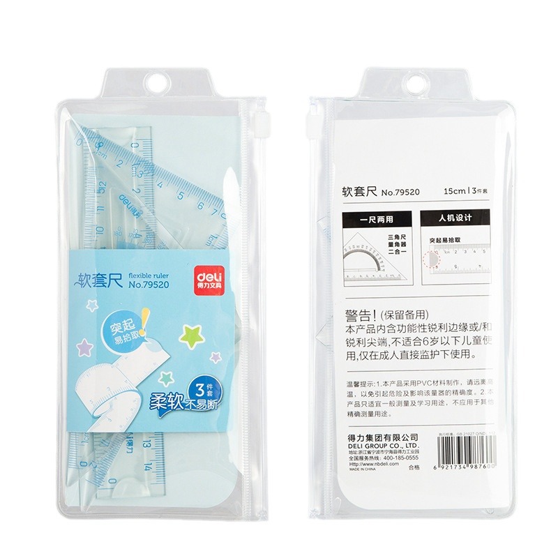 Deli 79520 15cm transparente Regla suave regla de dibujos animados conjunto plástico triángulo regla transportador papelería traje